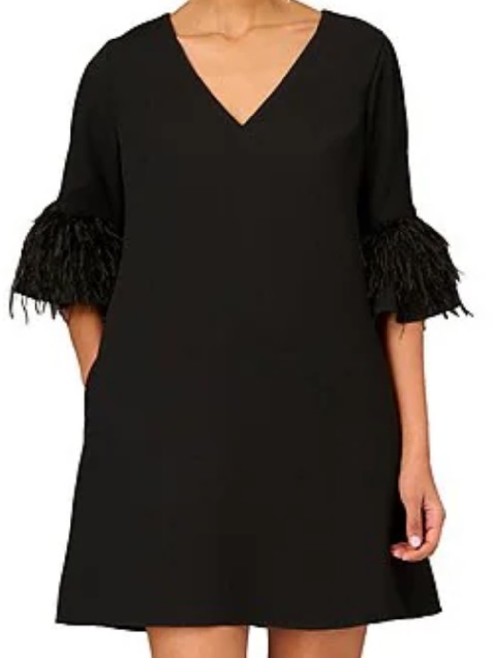 V-Neck Black Shift Dress with Feathered Sleeve Trim